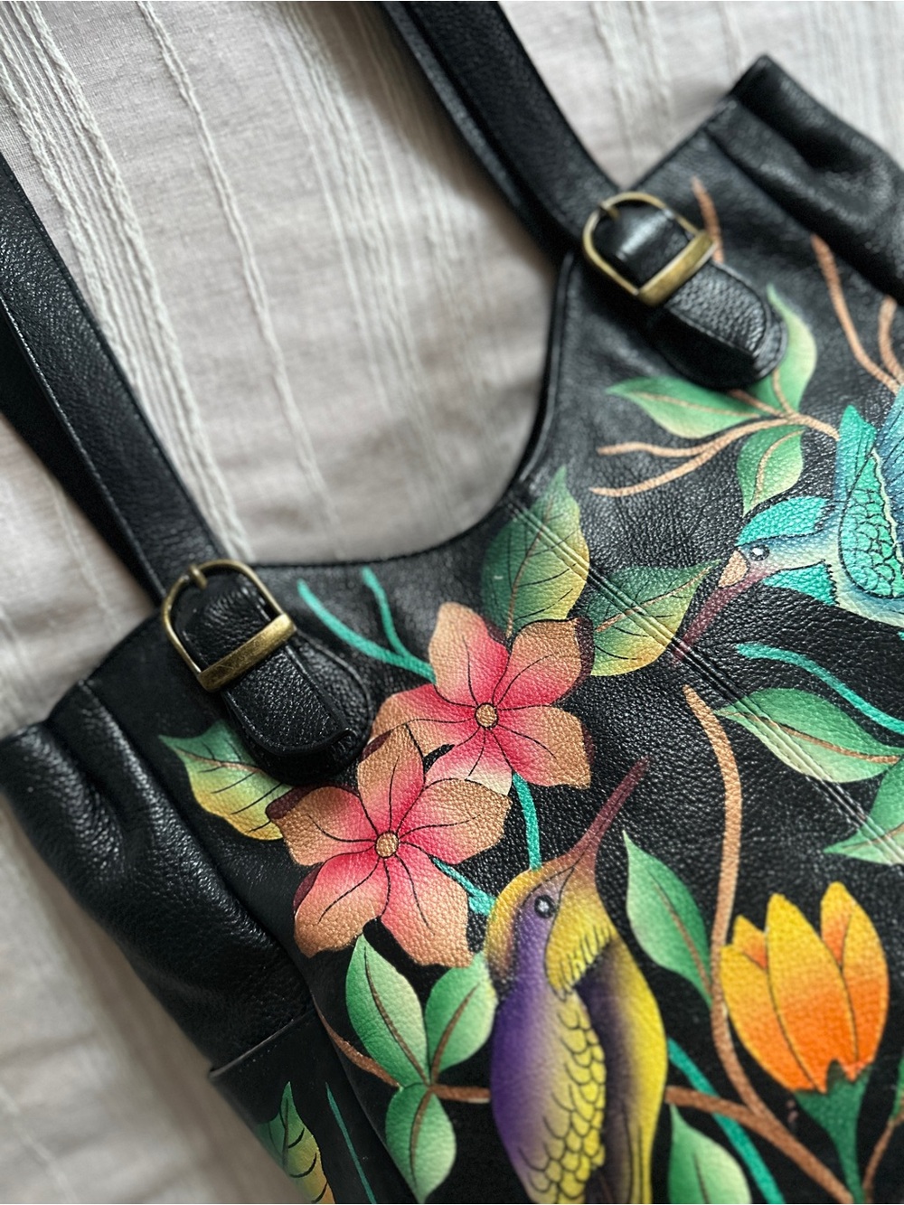 Anna by Anuschka Hand Painted Leather Shoulder Bag | Birds in Paradise Black - Picture 2 of 16